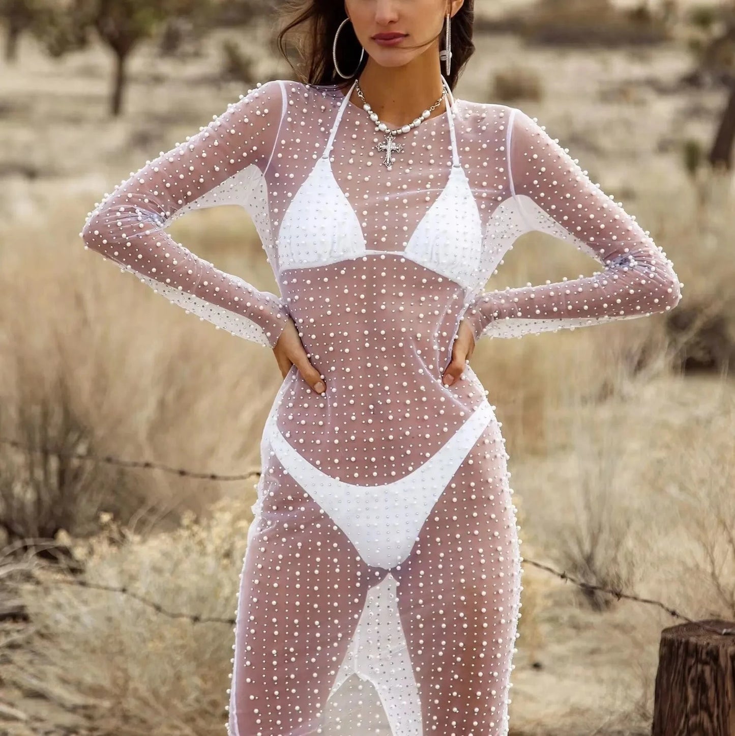 W-S1171A Rhinestone Mesh See Through Dress Lady Long Sleeve Transparent Bikini Cover Up Clubwear Fashion Sexy Sheer Dress