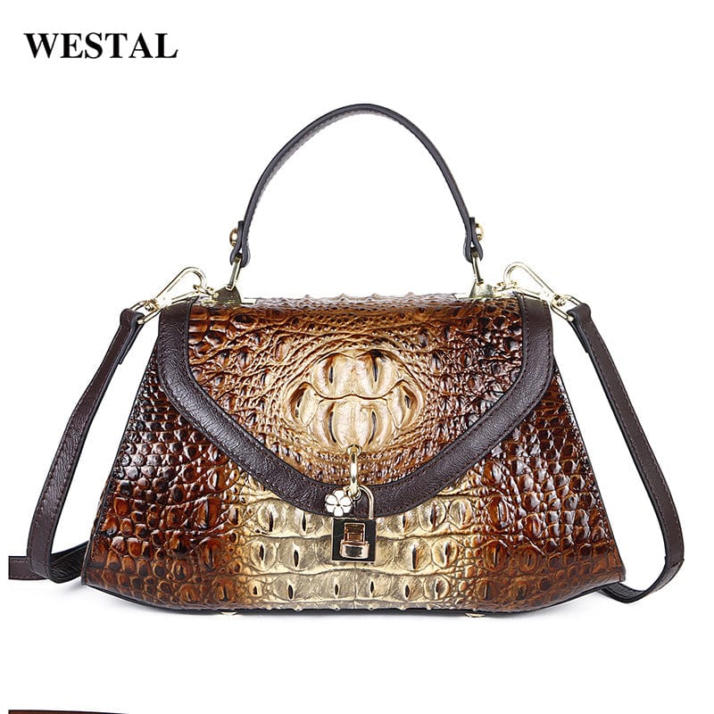 W897-coffee WESTAL crocodile pattern handbag ladies shoulder sling crossbody leather bag cowhide bag genuine leather handbags for women