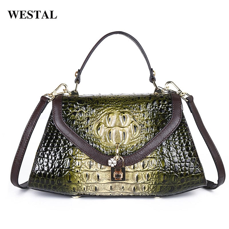 W897-green WESTAL crocodile pattern handbag ladies shoulder sling crossbody leather bag cowhide bag genuine leather handbags for women