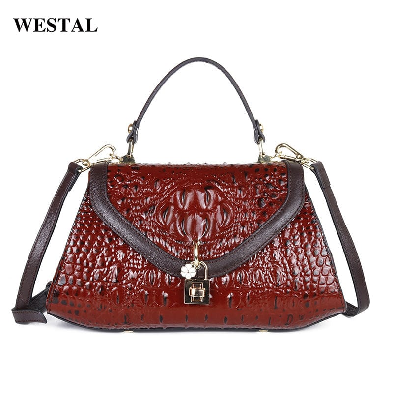 W897-red WESTAL crocodile pattern handbag ladies shoulder sling crossbody leather bag cowhide bag genuine leather handbags for women