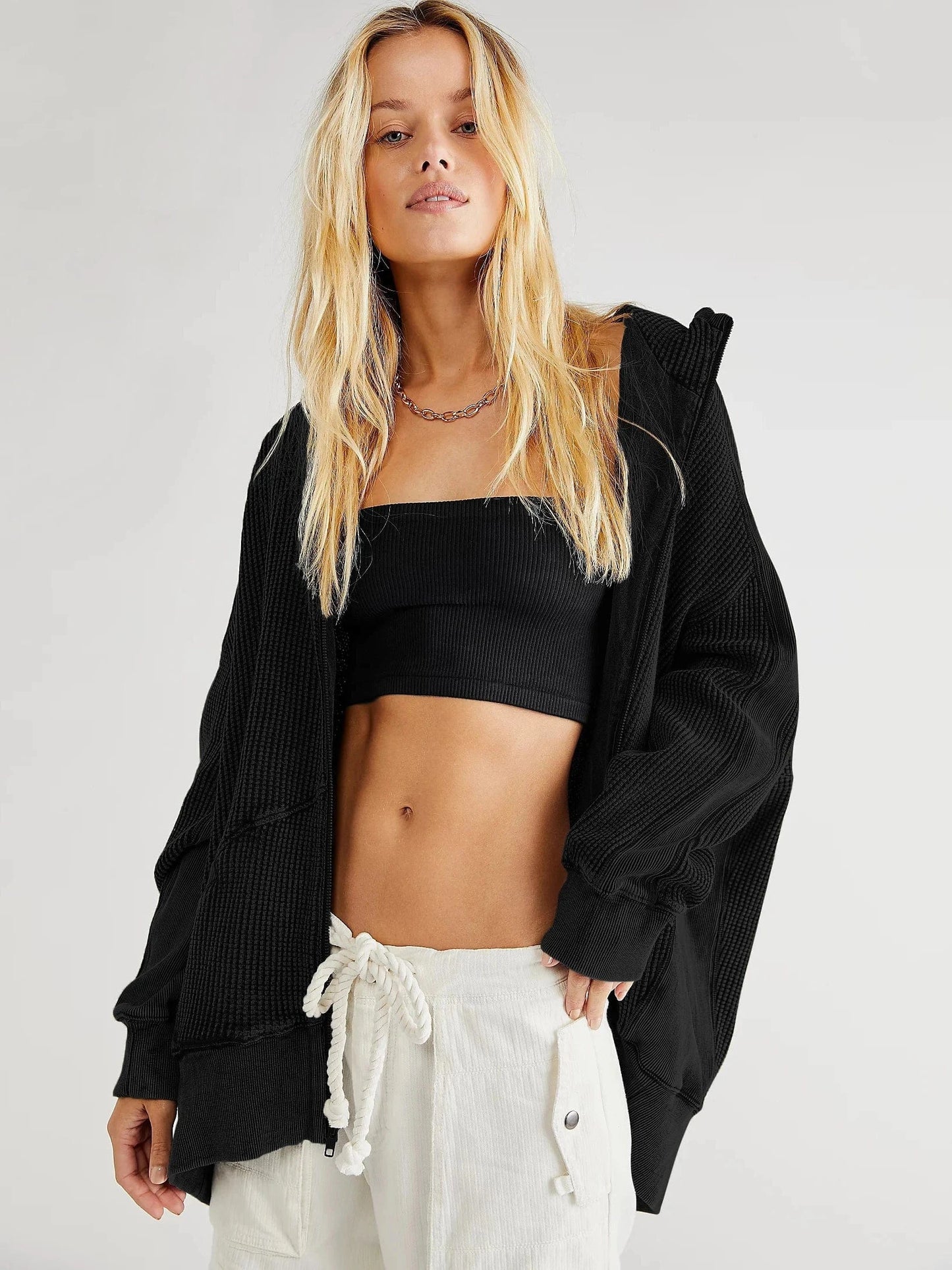 Waffle High Quality Fabric Black Wholesale Full Hoodies Zip Up Hoodie Manufacturer