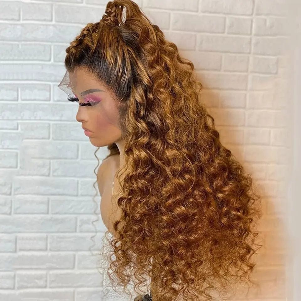 Water Curly Ombre Brown Color Brazilian Virgin Cuticle Aligned Human Hair Lace Front Wigs