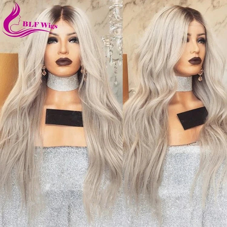 Water Wave 26 inch Ombre Human Hair Lace Front Wig, Grey Wigs for White Women
