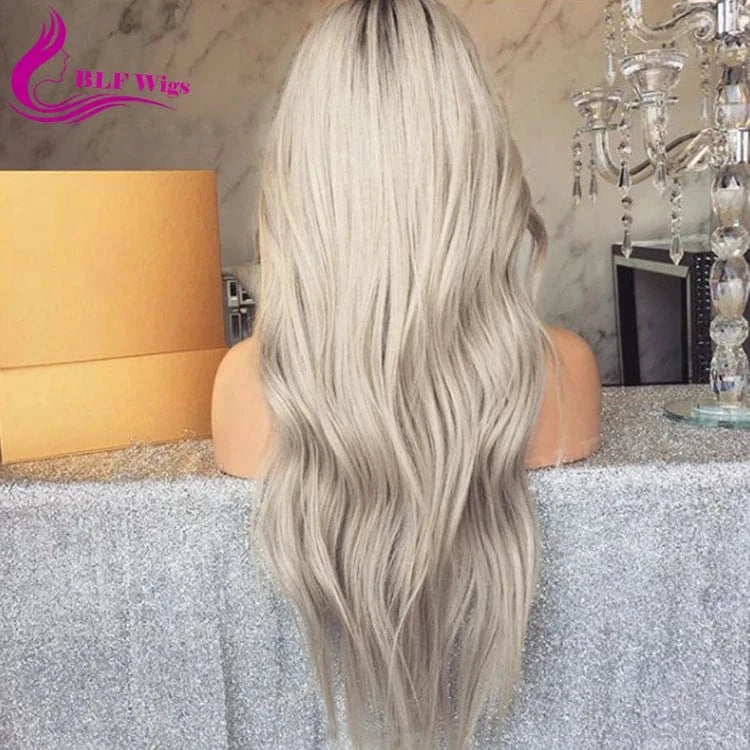 Water Wave 26 inch Ombre Human Hair Lace Front Wig, Grey Wigs for White Women