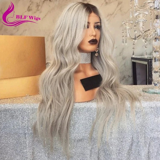 Water Wave 26 inch Ombre Human Hair Lace Front Wig, Grey Wigs for White Women
