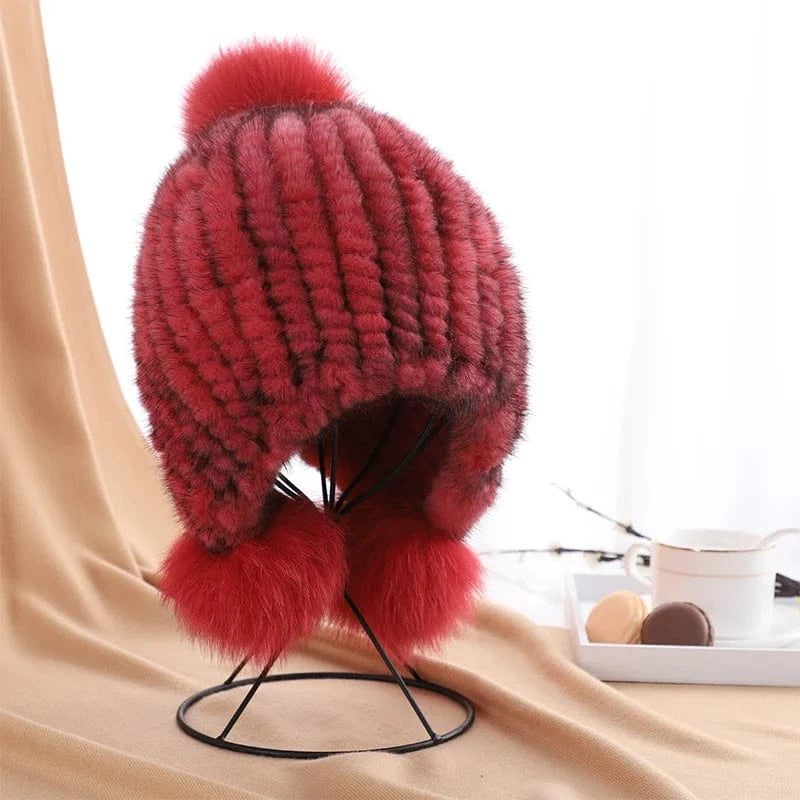 Watermelon Red/blk Winter fashion earflap pom ball women knitted mink fur hats