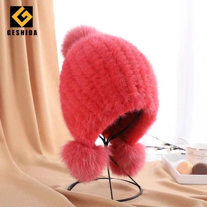Watermelon Red Winter fashion earflap pom ball women knitted mink fur hats