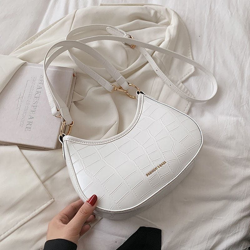 White 2022 Crocodile Pattern Half Moon Shoulder Bags Small Underarm PU Leather Purses and Handbags Luxury Women
