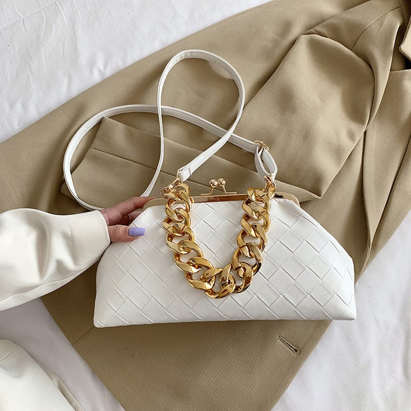 White 2022 Trending Woven Purse Ruched Dumpling Pouch Hobo Bag Chain Link Shoulder Handbag Women Chain Cloud Clutch Bag