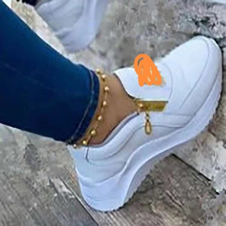 White / 35 New Pu Black Side Zipper Ladies Footwear Casual Walking Flat Single Sneakers Sport Women Side Zipper Shoes
