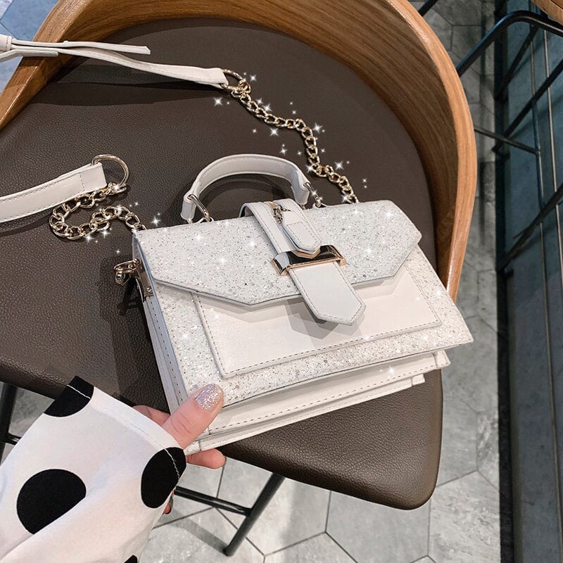 White Bling Bling Sequins Shoulder Bag PU Leather Black White Crossbody Chain Glitter Small Square Bags Women Handbag