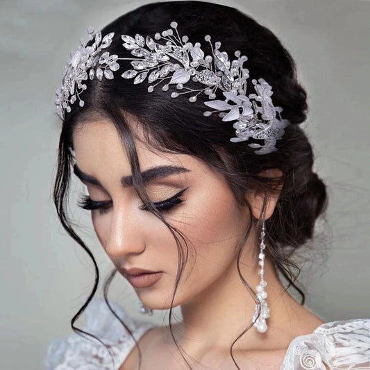 White Bridal Headband Silver Tiara for Bride Headpieces for Wedding Hair Accessories for Brides Prom Photography