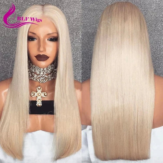 White Color 60 Full Lace Wig Middle Part Silk Straight Human Hair Wig DropShipping