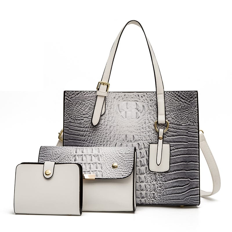 White Crocodile Pattern Shoulder Handbag Soft Leather Tote Bag Luxury Handbag Sets 3 Pieces Lady Hand Bags