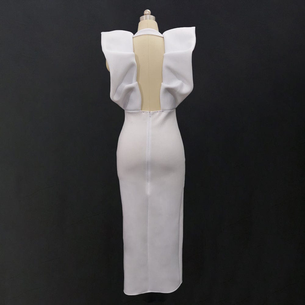 White Deep V Neck High Waist Sexy Slit Bodycon Ruffles Lady Club Dress