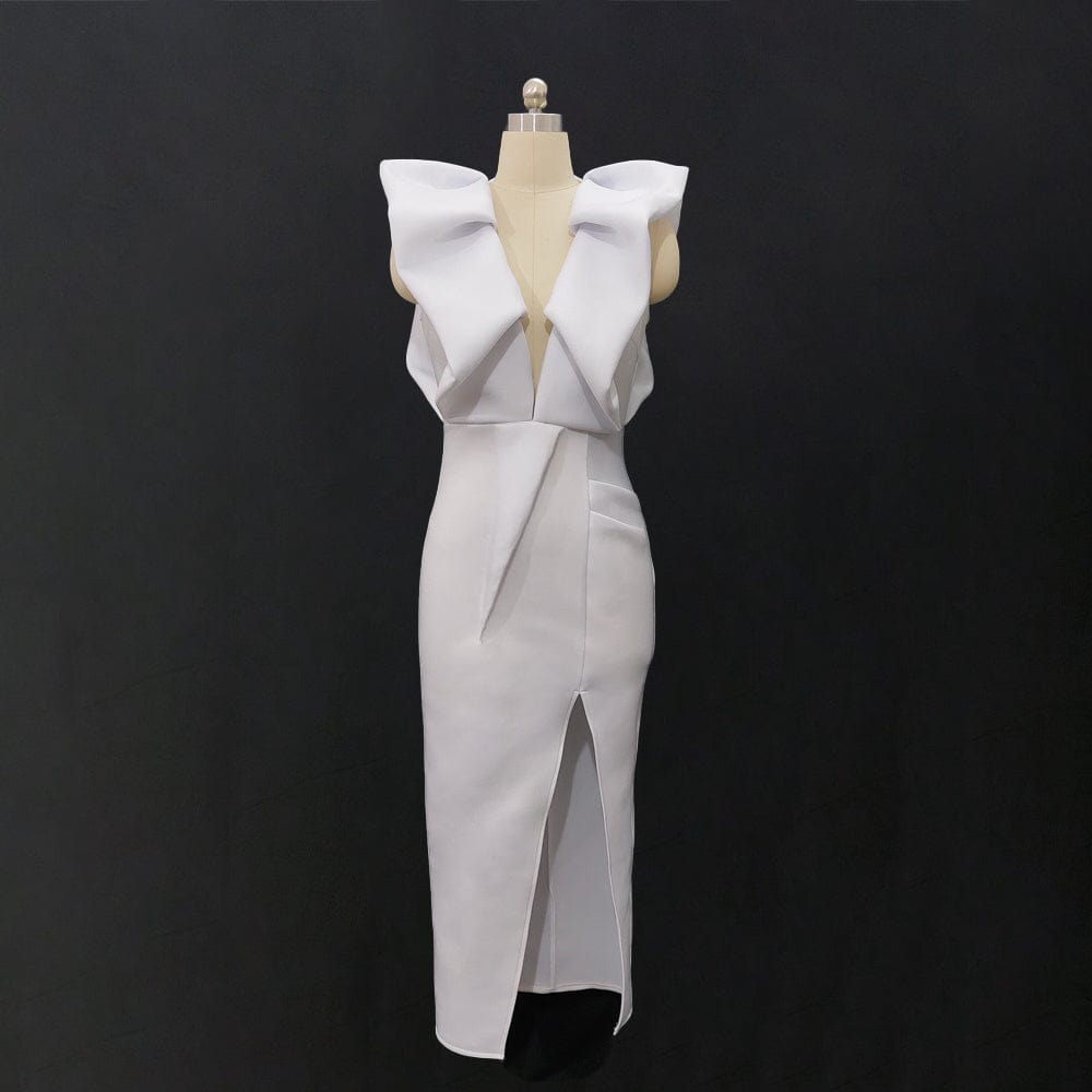 White Deep V Neck High Waist Sexy Slit Bodycon Ruffles Lady Club Dress