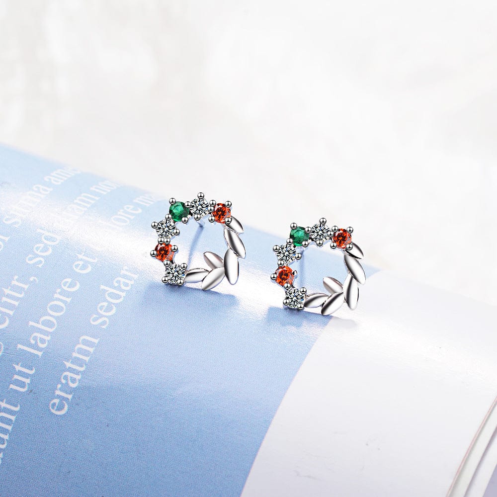 White gold color Hollow Circle Leaves Zircon Stud Earrings Women Fashion Party Girl Jewelry Gift