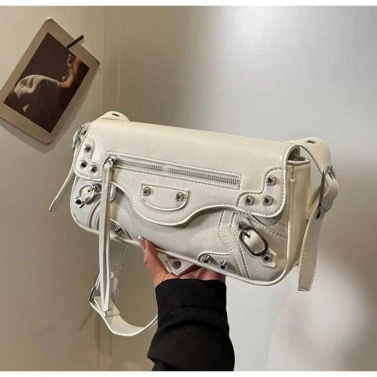 White High Street Vintage Handbag Women New Rivet Large Capacity Casual Crossbody Bags Ladies Moto Biker Black Messenger Bag