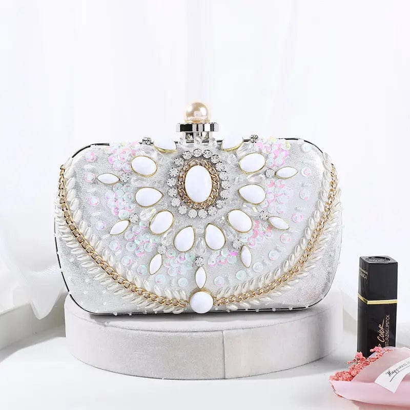 White In Spot European And American High Quality Handmade Dinner Beaded Embroidered Pearl Button Dress Lady Party Bride Evening Bag