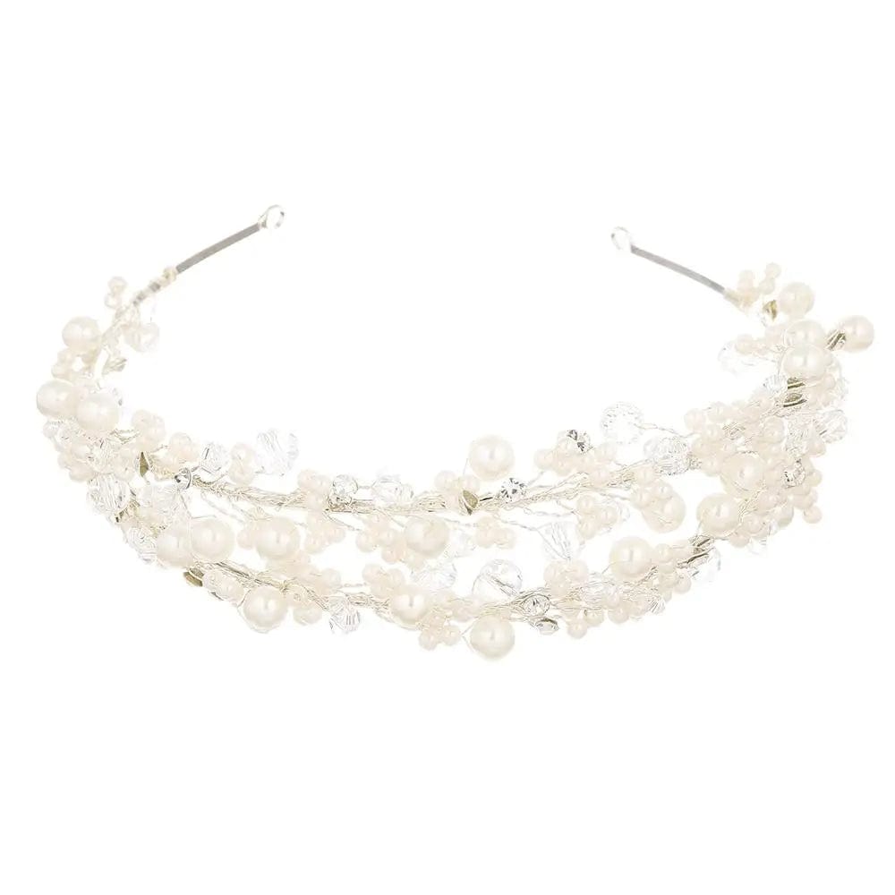 White New Fashion Wedding Pearl Crystal Bride Tiara Hand-woven Headband Hair Accessories