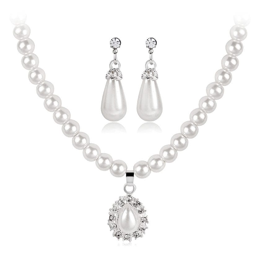 White New style pearl earrings necklace two-piece set water drop diamond bridal set ornament for women