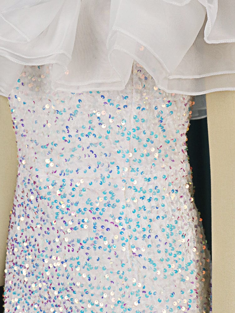 White Plus Size Sequin Ruffles Party Gowns For Women Wedding Evening Dress