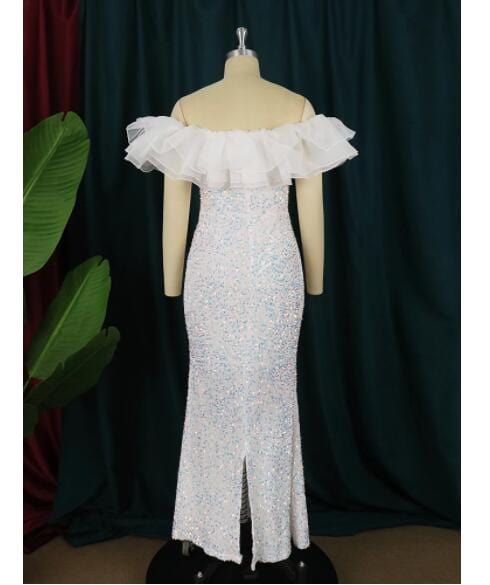White Plus Size Sequin Ruffles Party Gowns For Women Wedding Evening Dress