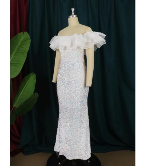 White Plus Size Sequin Ruffles Party Gowns For Women Wedding Evening Dress