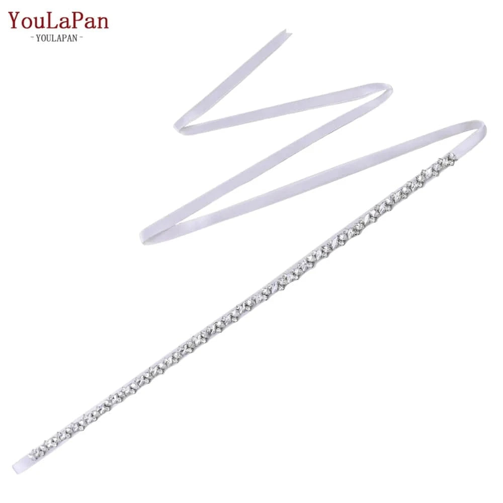 White  Ribbon YouLaPan S404 Modern Design Hot Sale Women Dress Belt Silver Rhinestone Thin Belt Bridal Wedding Dress Waist Jewelry