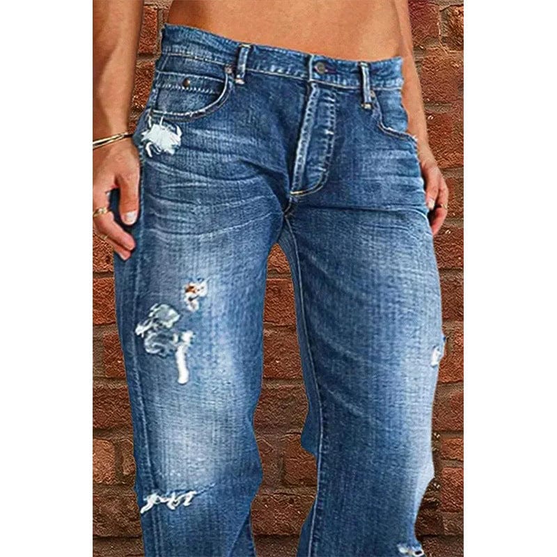Wholesale 2023 Fashionable Wash Mid Waist Straight Women Plus Size Jeans Stretchable Denim Ripped Jeans Women