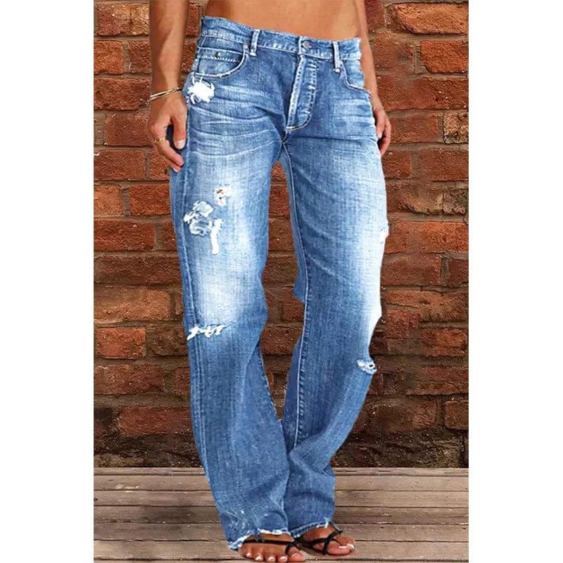 Wholesale 2023 Fashionable Wash Mid Waist Straight Women Plus Size Jeans Stretchable Denim Ripped Jeans Women