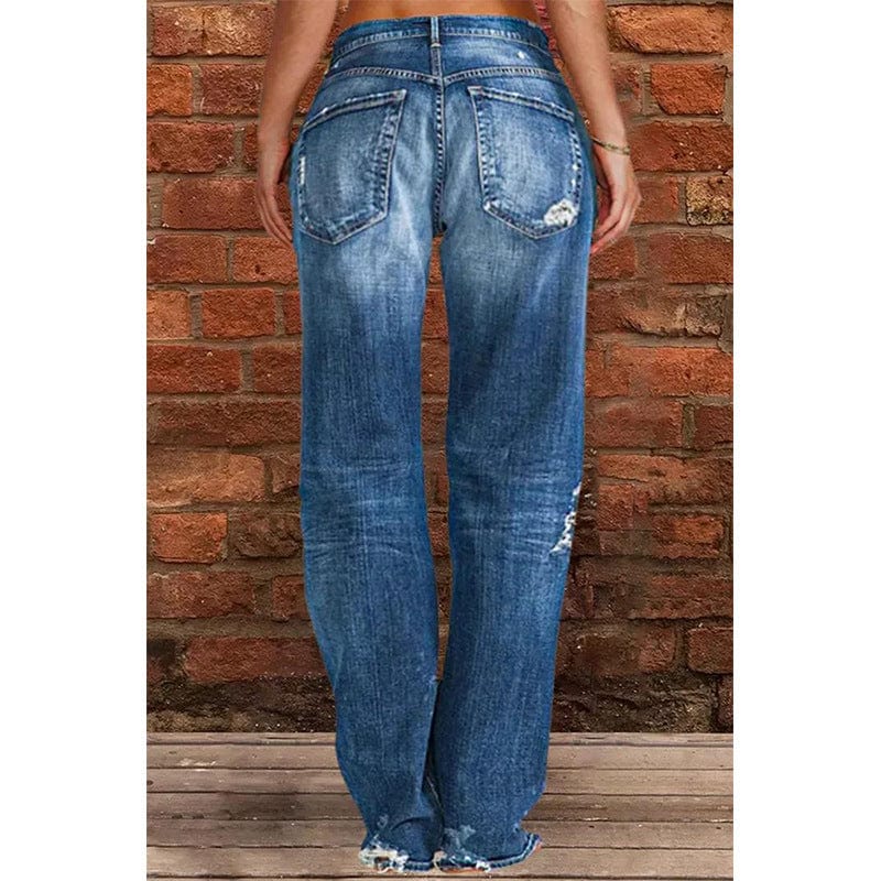 Wholesale 2023 Fashionable Wash Mid Waist Straight Women Plus Size Jeans Stretchable Denim Ripped Jeans Women