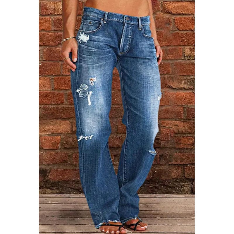 Wholesale 2023 Fashionable Wash Mid Waist Straight Women Plus Size Jeans Stretchable Denim Ripped Jeans Women
