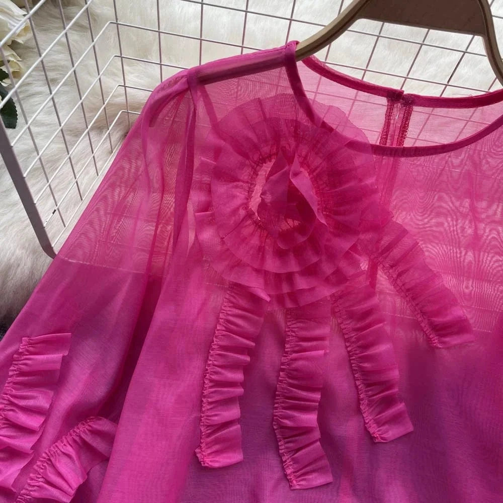 Wholesale 2024 Summer French 3d Flower Long Sleeve Shirt New Loose And Slim Women's Chiffon Shirt