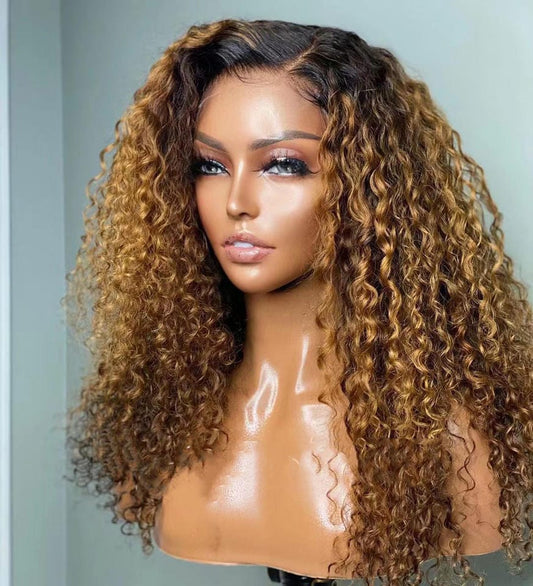 Wholesale Afro Wave  Highlight Brown Color Raw Peruvian Hair 13*4 Lace Front Wigs for Black Women