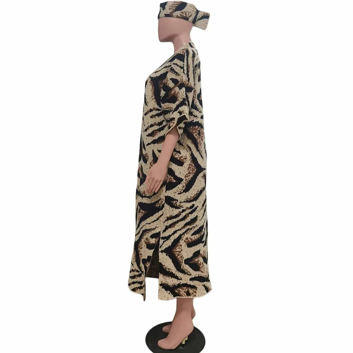 Wholesale Casual Leopard Jacquard Jacket Coat With Headscarf Knit Kimono Long Sweater Cardigan Women