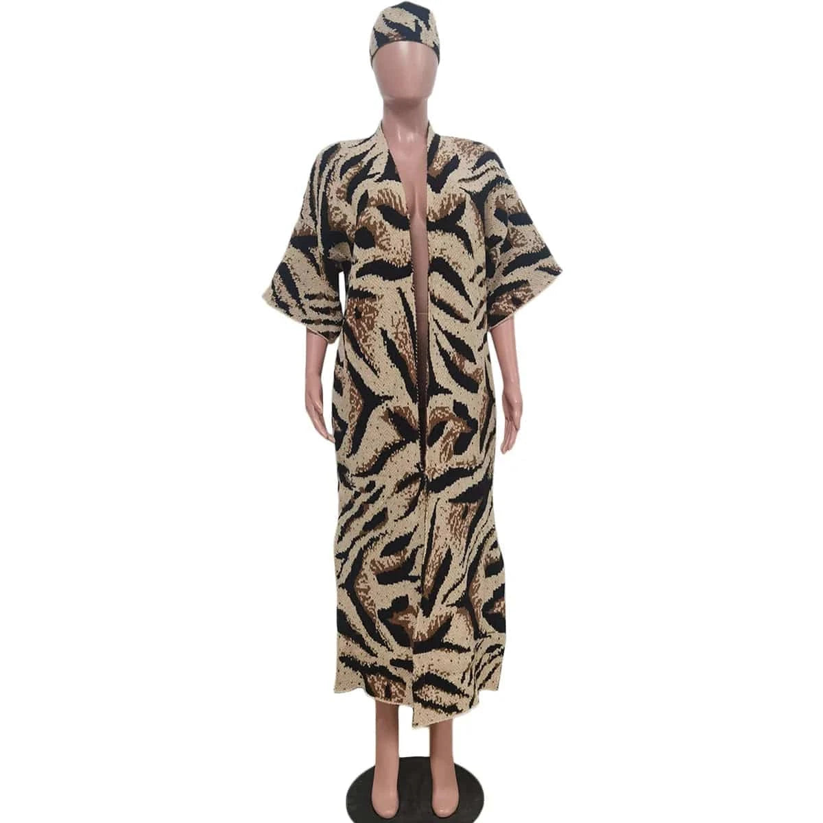 Wholesale Casual Leopard Jacquard Jacket Coat With Headscarf Knit Kimono Long Sweater Cardigan Women
