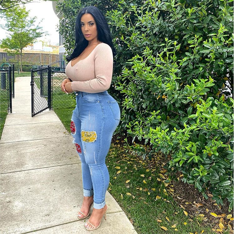 Wholesale Contrast stitching jeans fashion skinny plus size pants jeans women