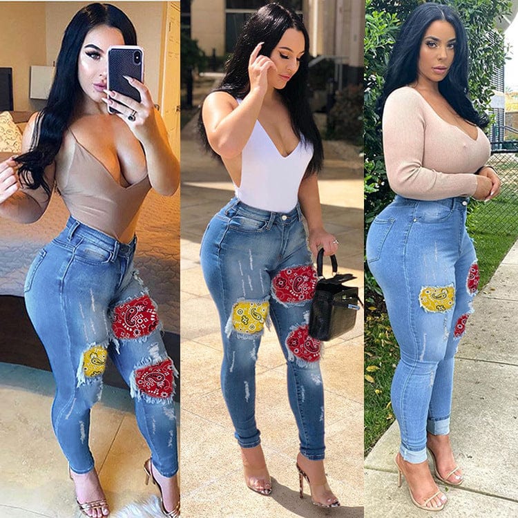 Wholesale Contrast stitching jeans fashion skinny plus size pants jeans women