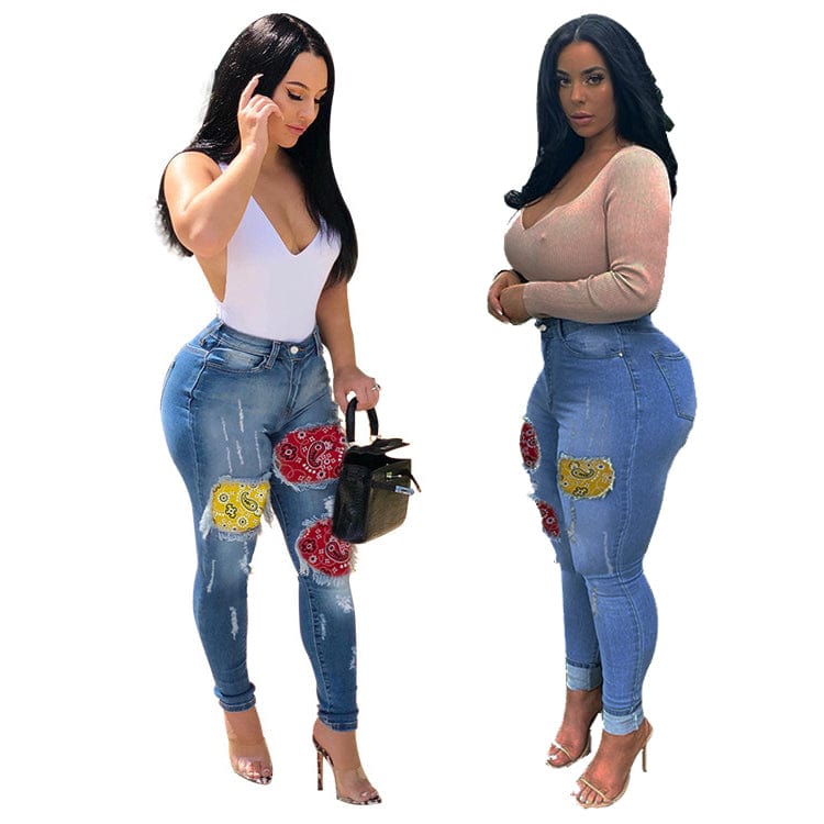 Wholesale Contrast stitching jeans fashion skinny plus size pants jeans women