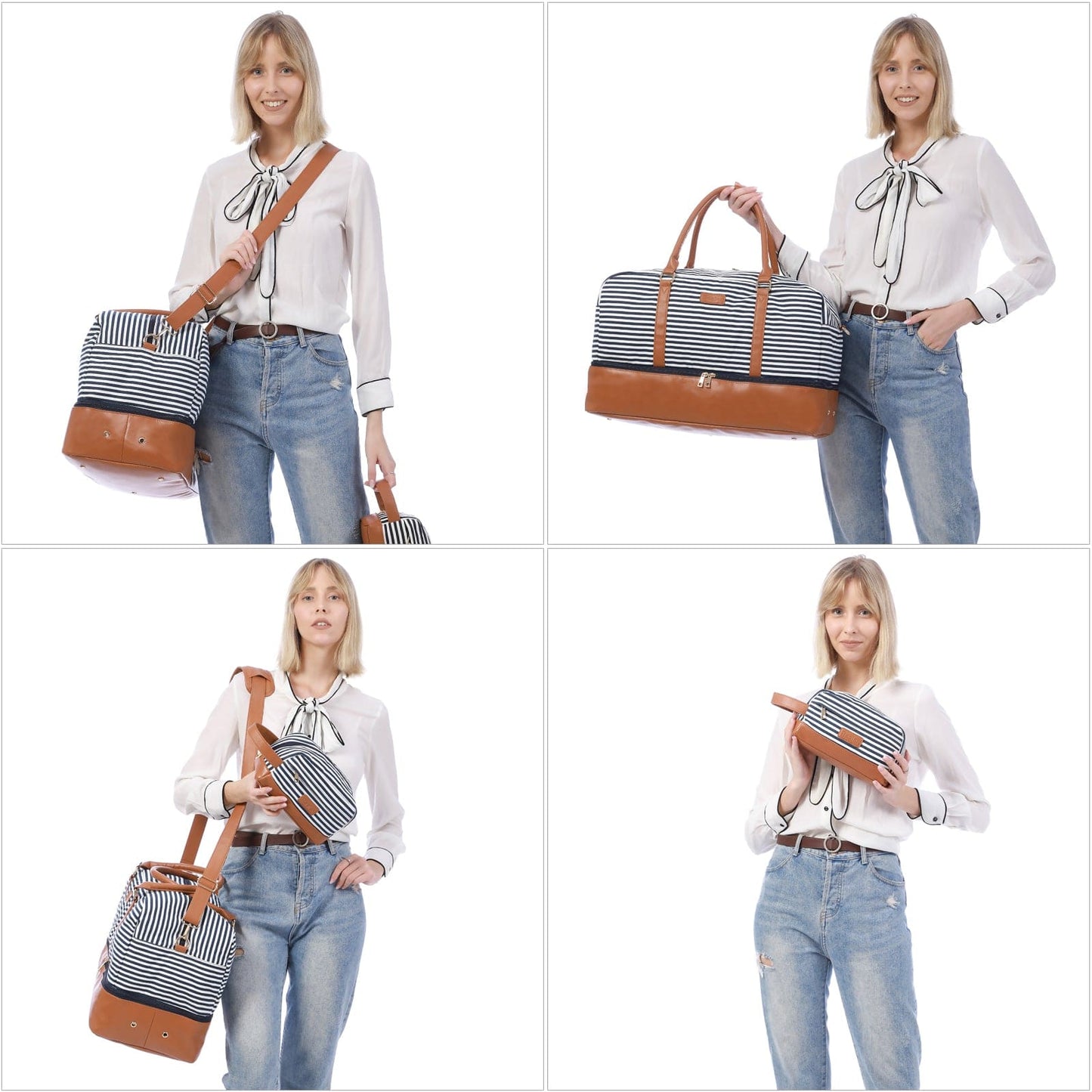 Wholesale custom low moq vintage canvas PU leather trim tote crossbody shoulder bag women weekend duffel travel bags