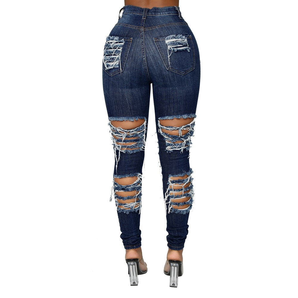Wholesale Dark Blue Ladies Jean Women Destroyed Skinny Denim Jeans High Waist Women Pants