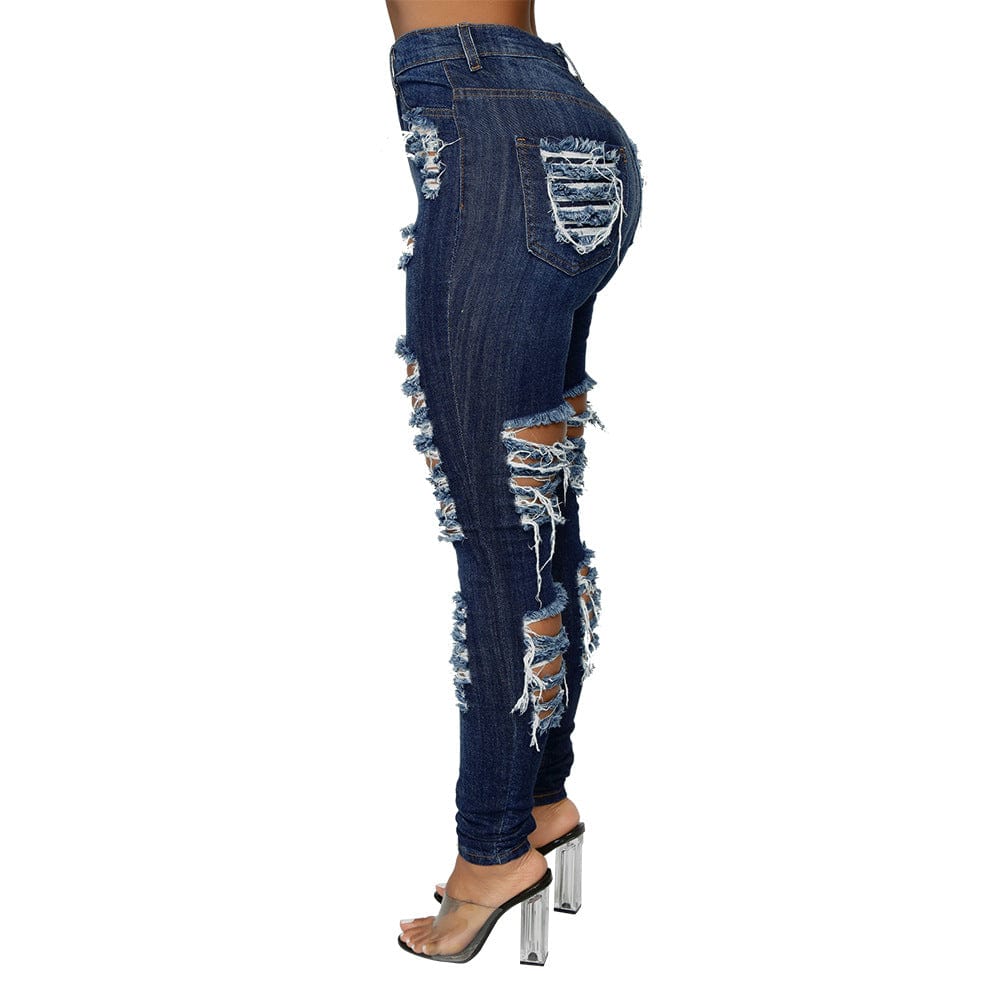 Wholesale Dark Blue Ladies Jean Women Destroyed Skinny Denim Jeans High Waist Women Pants
