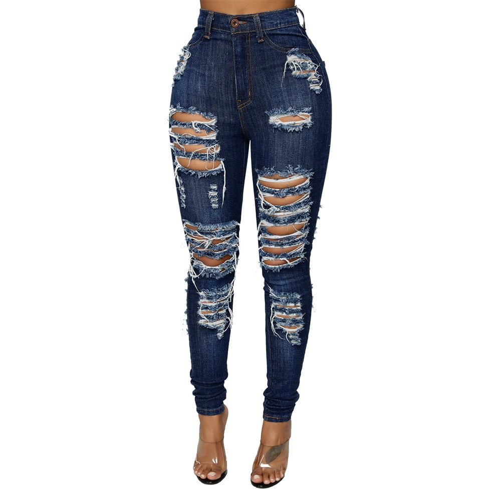 Wholesale Dark Blue Ladies Jean Women Destroyed Skinny Denim Jeans High Waist Women Pants