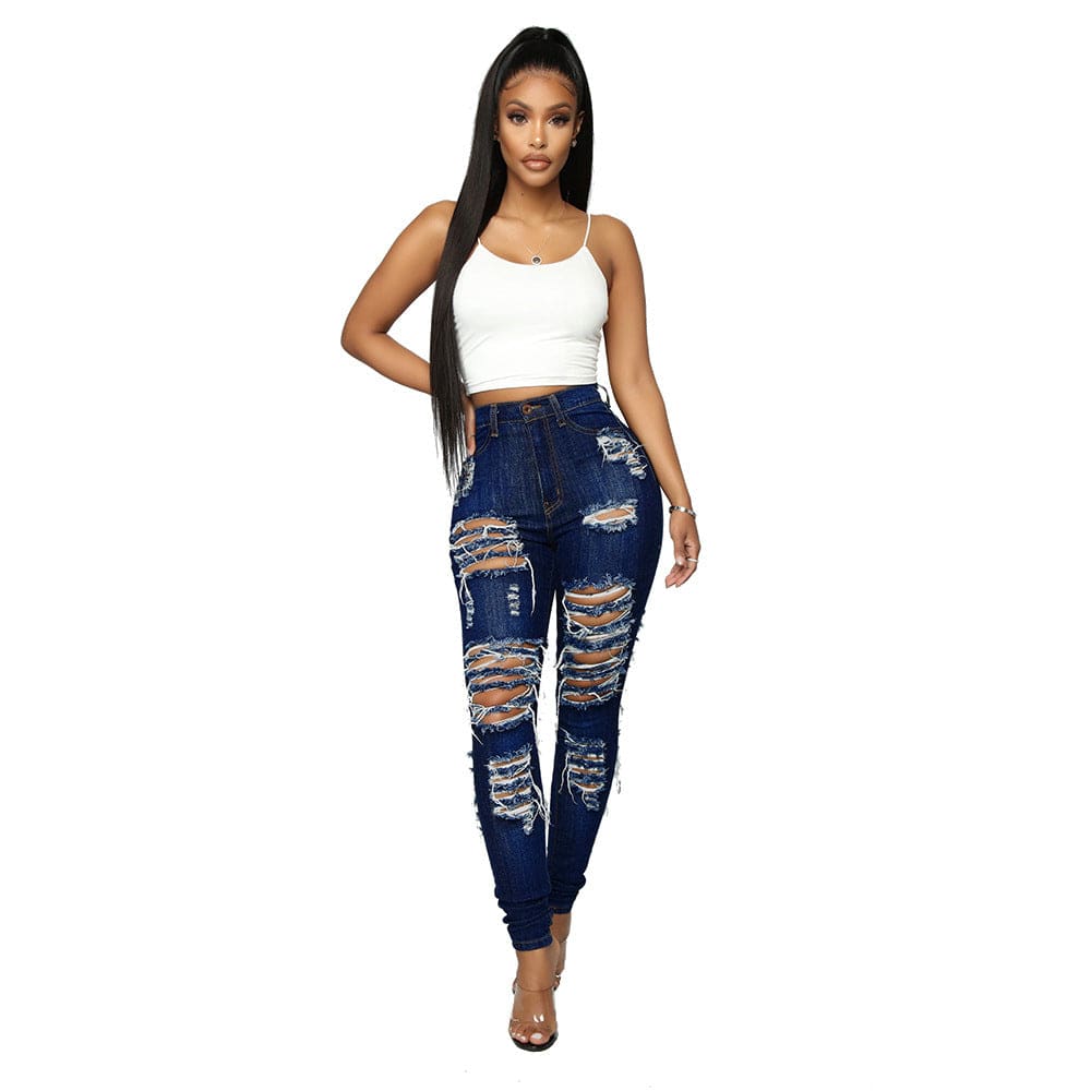 Wholesale Dark Blue Ladies Jean Women Destroyed Skinny Denim Jeans High Waist Women Pants