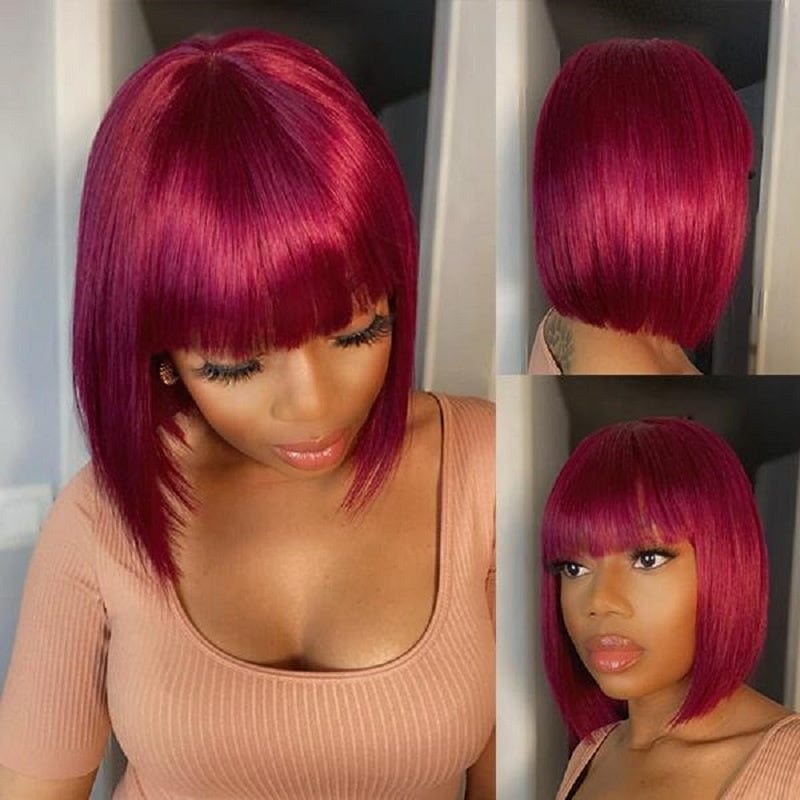 Wholesale Fringe Bob 5X5 Closure Wig 100% Human Hair 99J Burgundy Red Colored Short Hair Wigs With Bangs For Black Women