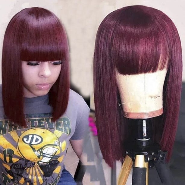 Wholesale Fringe Bob 5X5 Closure Wig 100% Human Hair 99J Burgundy Red Colored Short Hair Wigs With Bangs For Black Women