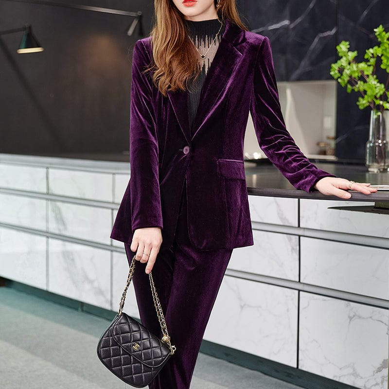 Wholesale High-quality Velvet Fabric Business Pant Suit 2 Piece Set for Women Thick Soft Fashion Jacket and Trouser Office Lady