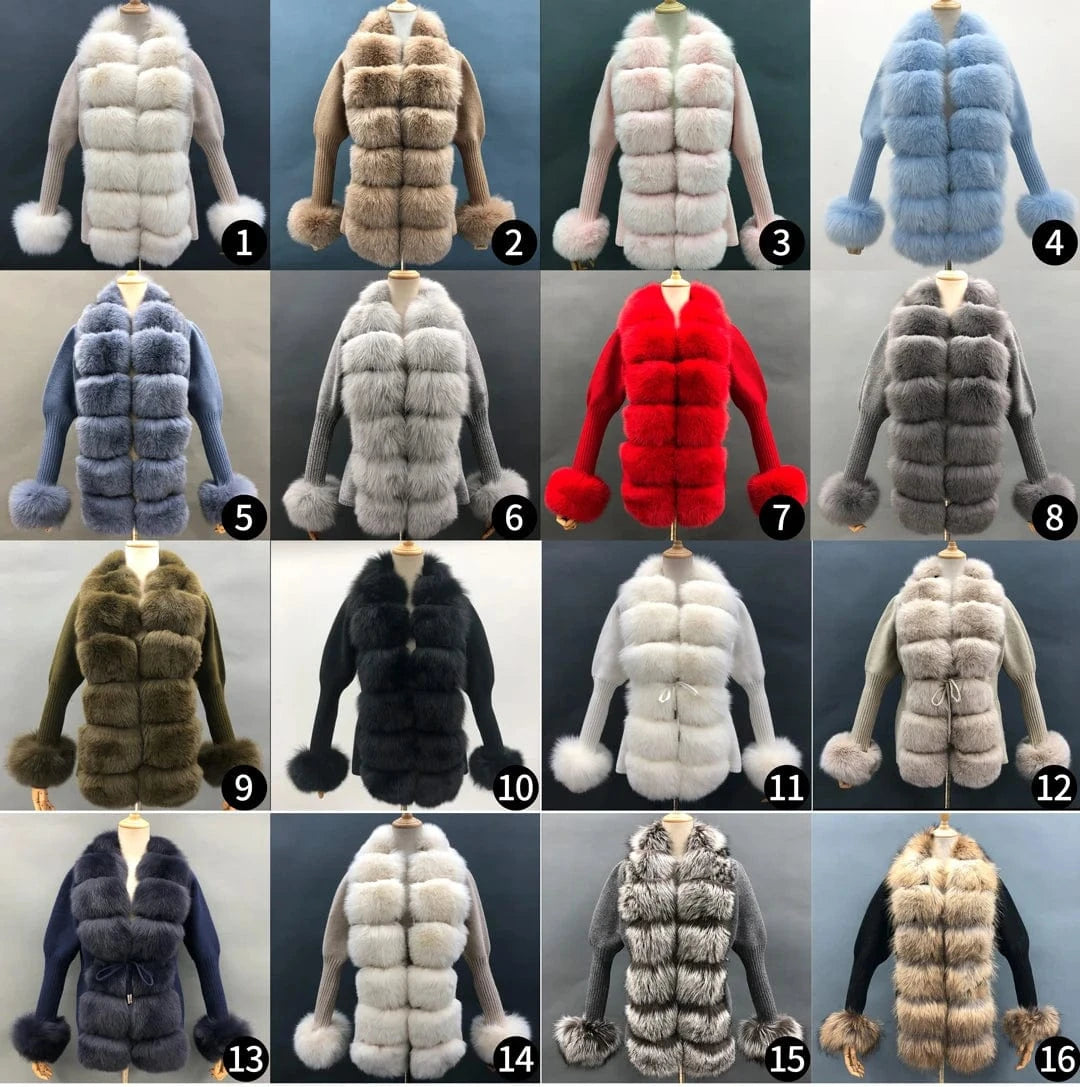 Wholesale Ladies Autumn Winter Knitted Fox Fur Trim Wool Fur Sweater