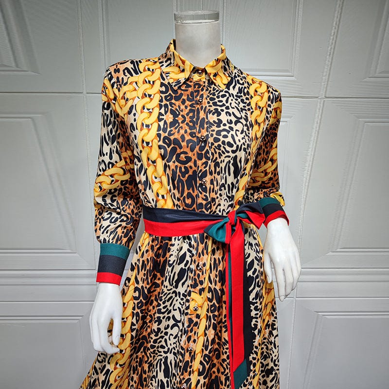 Wholesale Leopard Print Abaya Dubai Party Long Dress with Button Islamic Clothing Women Muslim Maxi Dress